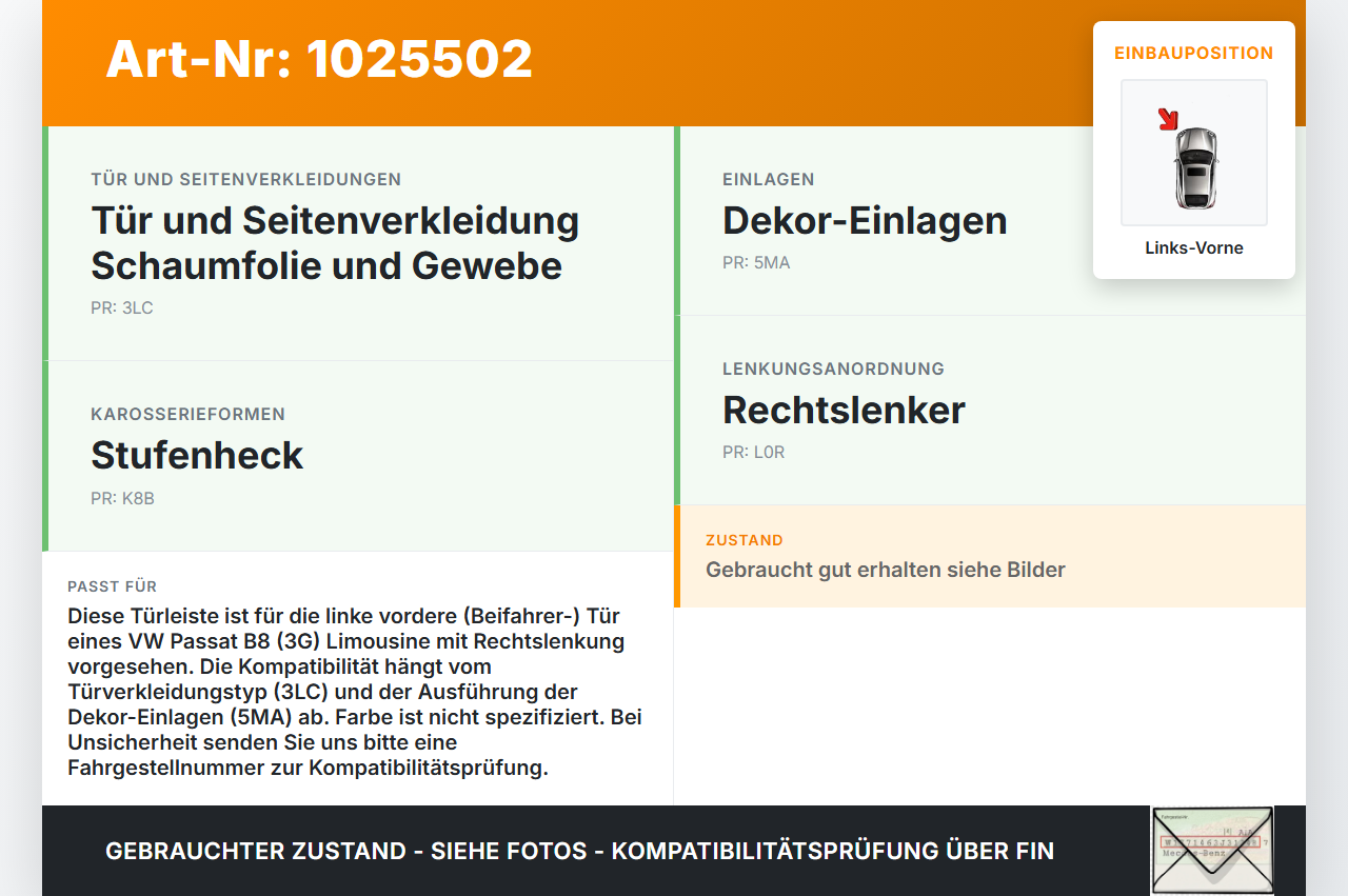 VW Passat B8 3G 14-19 Lim Türleiste Links Vorne Innen LR7H VW Passat B8 3G 14-19 20.07.2015 gebraucht Vorschau 3