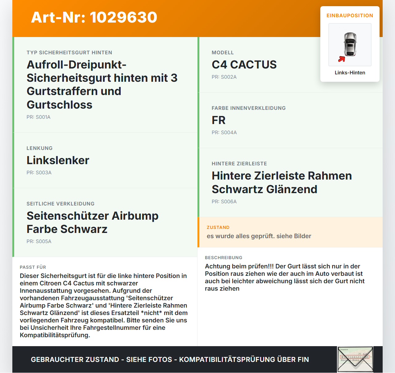 Citroen C4 Cactus 14-18 Gurt Sicherheitsgurt Links Hinten Citroen C4 Cactus 14-18 01.01.2015 98009740XX 34142153... Vorschau 3