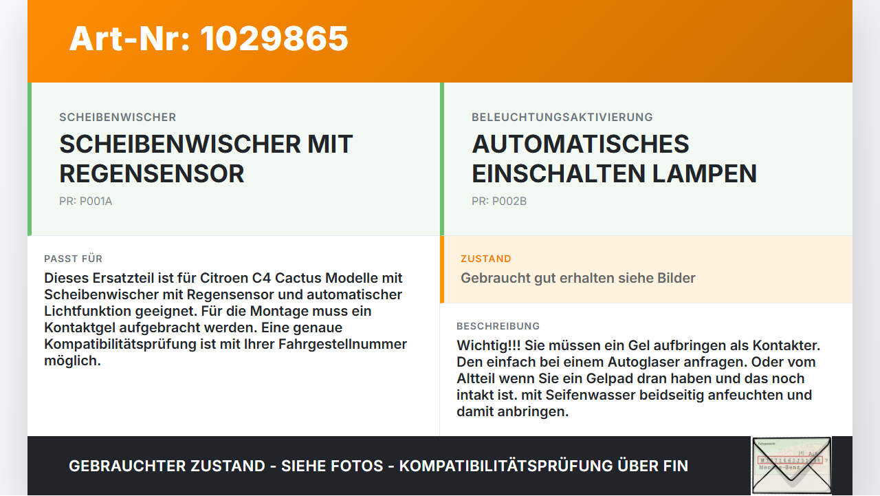 Citroen C4 Cactus 14-18 Regensensor Citroen C4 Cactus 14-18 01.01.2015 9807156080 6PW011.088-00 gebraucht Vorschau 3