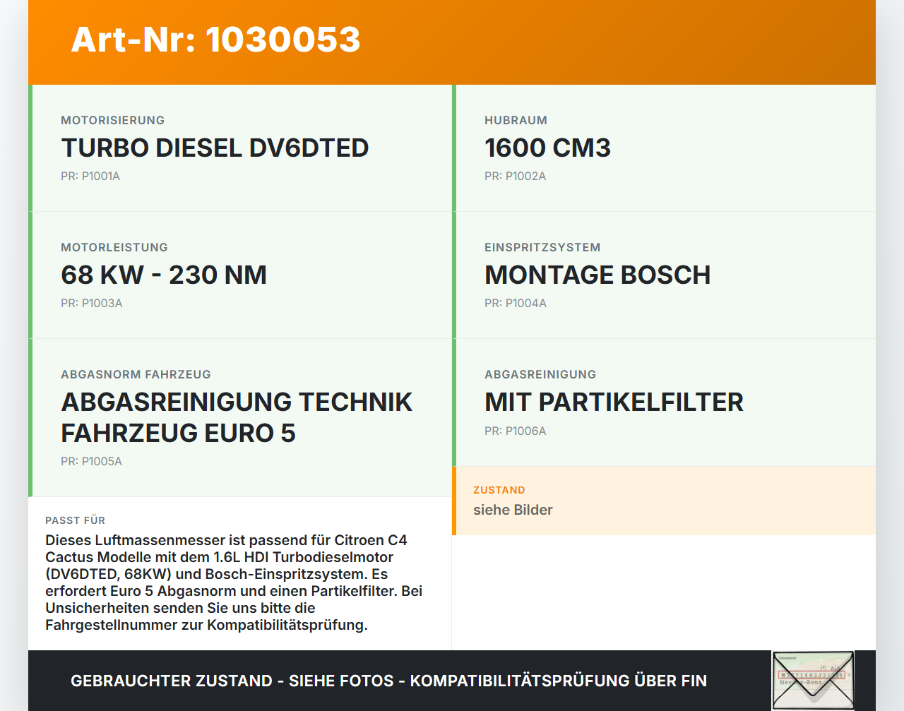 Citroen C4 Cactus 14-18 HDI 1,6 68KW Luftmassenmesser Citroen C4 Cactus 14-18 01.01.2015 AFH50-24 9683282980 gebraucht Vorschau 3