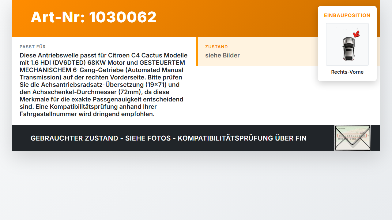 Citroen C4 Cactus 14-18 HDI 1,6 68KW Autom Antriebswelle Gelenkwelle Rechts Vorne Citroen C4 Cactus 14-18... Vorschau 3
