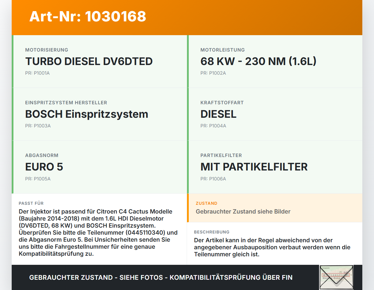 Citroen C4 Cactus 14-18 HDI 1,6 68KW Injektor Einspritzdüse Zyl.3 Citroen C4 Cactus 14-18 01.01.2015 0445110340... Vorschau 3
