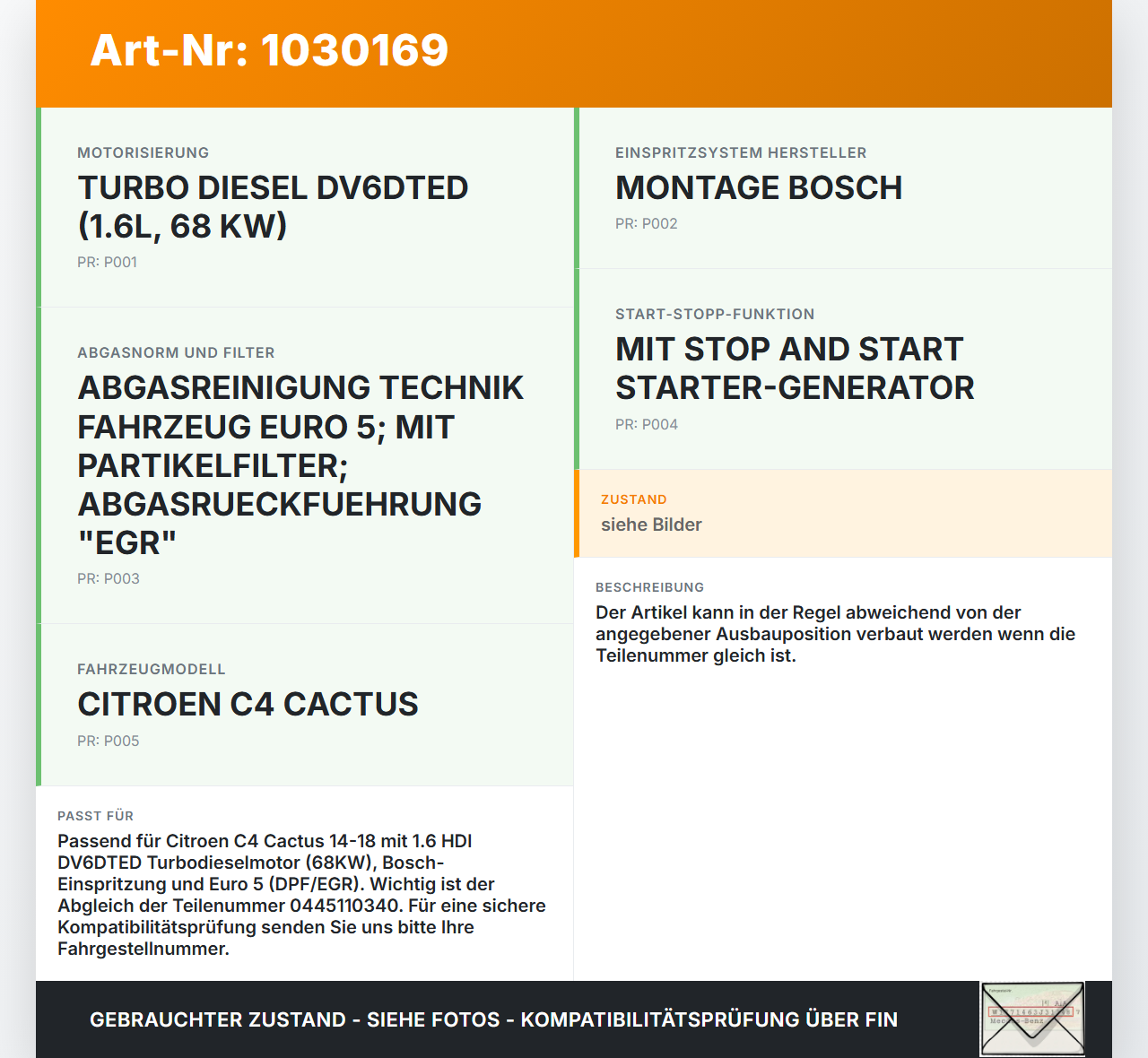 Citroen C4 Cactus 14-18 HDI 1,6 68KW Injektor Einspritzdüse Zyl.2 Citroen C4 Cactus 14-18 01.01.2015 1K0407255T... Vorschau 3