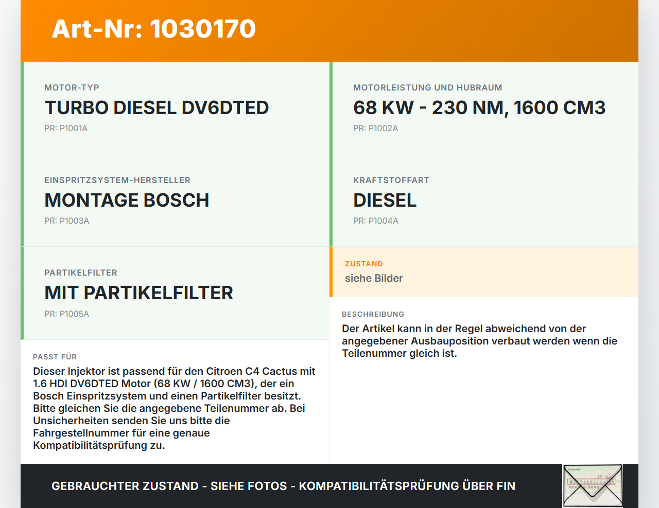 Citroen C4 Cactus 14-18 HDI 1,6 68KW Injektor Einspritzdüse Zyl.4 Citroen C4 Cactus 14-18 01.01.2015 0445110340... Vorschau 3