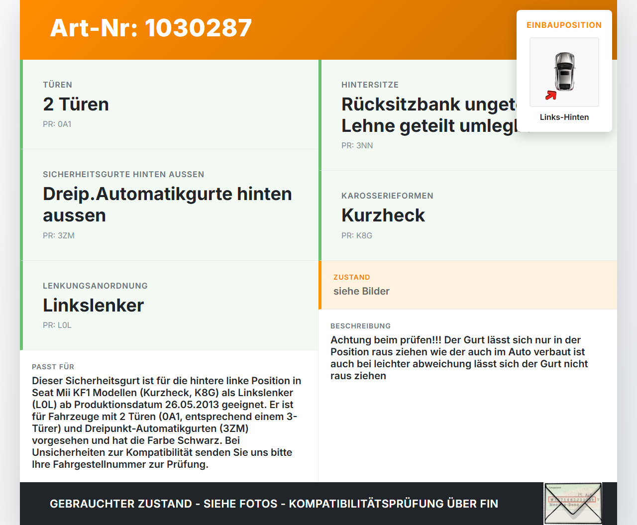 Seat Mii KF1 11-16 Gurt Sicherheitsgurt Links Hinten Seat Mii KF1 11-16 30.03.2016 1S0857805B 1S0857805BRAA gebraucht Vorschau 3