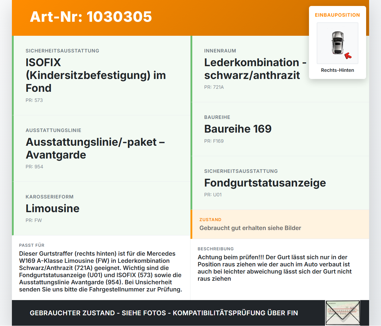 Mercedes A160 W169 08-12 Lim Gurt Sicherheitsgurt Gurtstraffer Rechts Hinten Mercedes A160 W169 08-12 22.09.2010... Vorschau 3