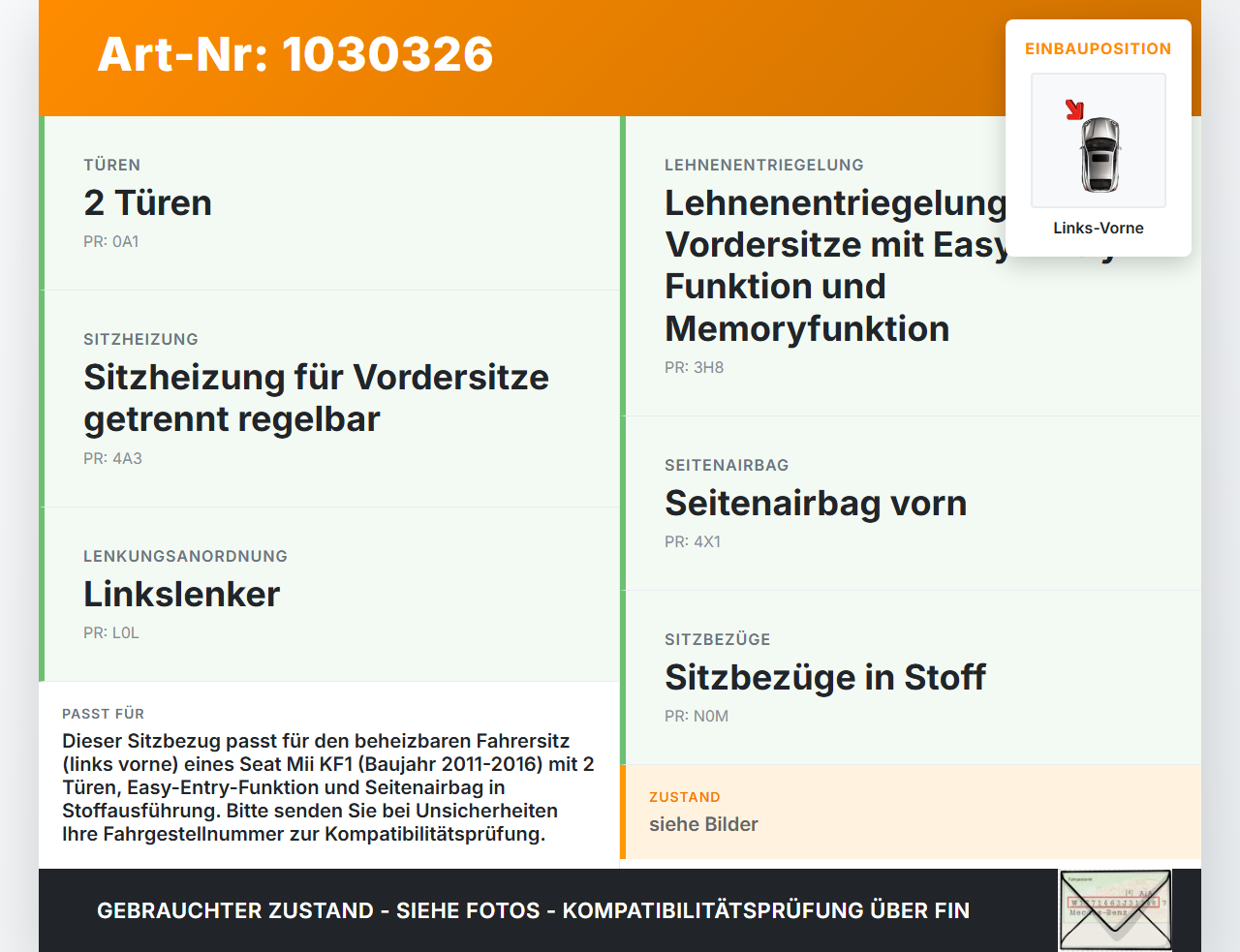 Seat Mii KF1 11-16 Sitzbezug Sitzpolster für Fahrersitz Sitz Links Vorne beheizt Seat Mii KF1 11-16 30.03.2016... Vorschau 3