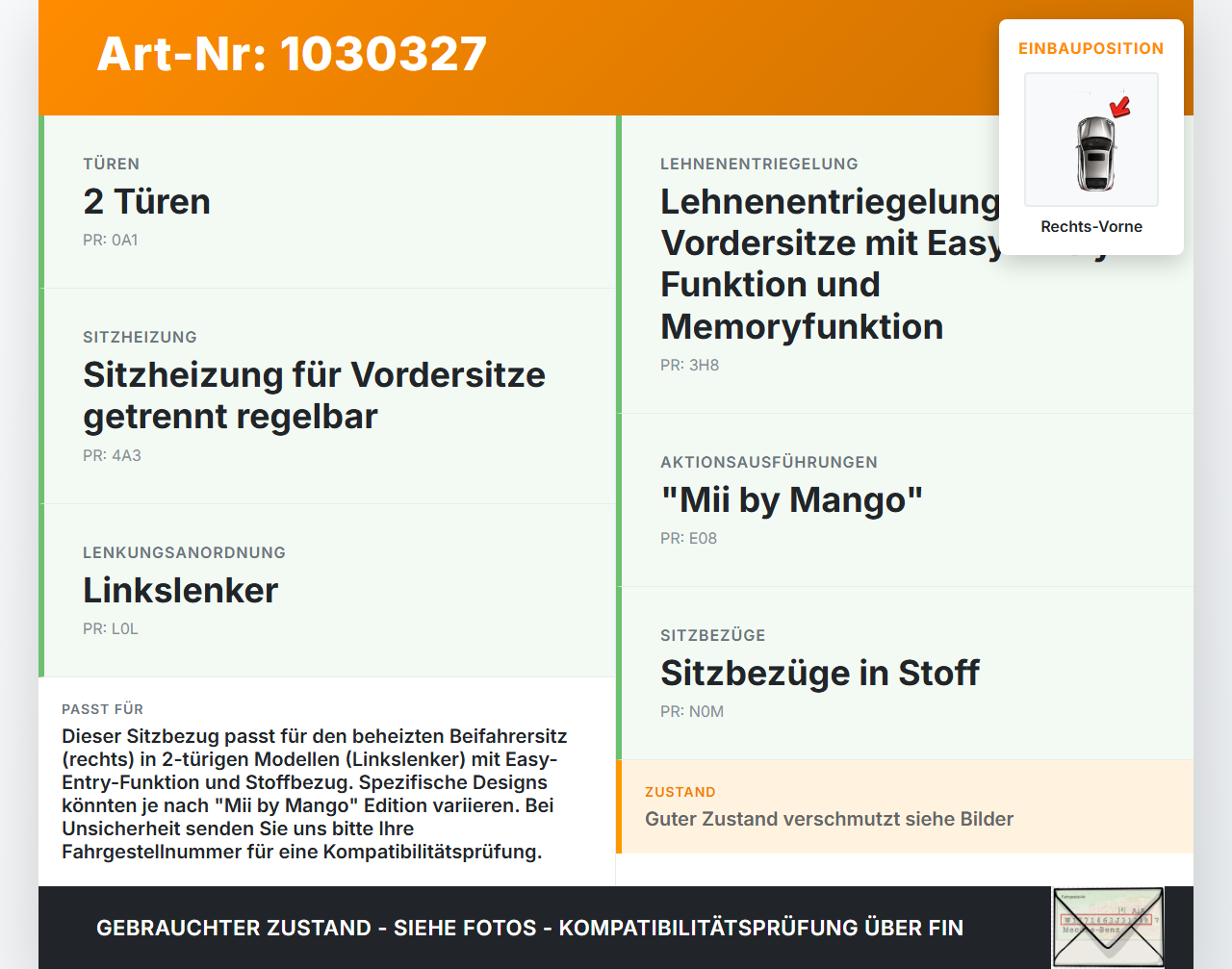 Seat Mii KF1 11-16 Sitzbezug Sitzpolster für Beifahrersitz Rechts Vorne beheizt Seat Mii KF1 11-16 30.03.2016... Vorschau 3
