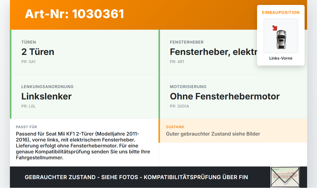 Seat Mii KF1 11-16 Fensterheber o. FH-Motor Links Vorne Seat Mii KF1 11-16 30.03.2016 1S3837461A 935359-105 gebraucht Vorschau 3