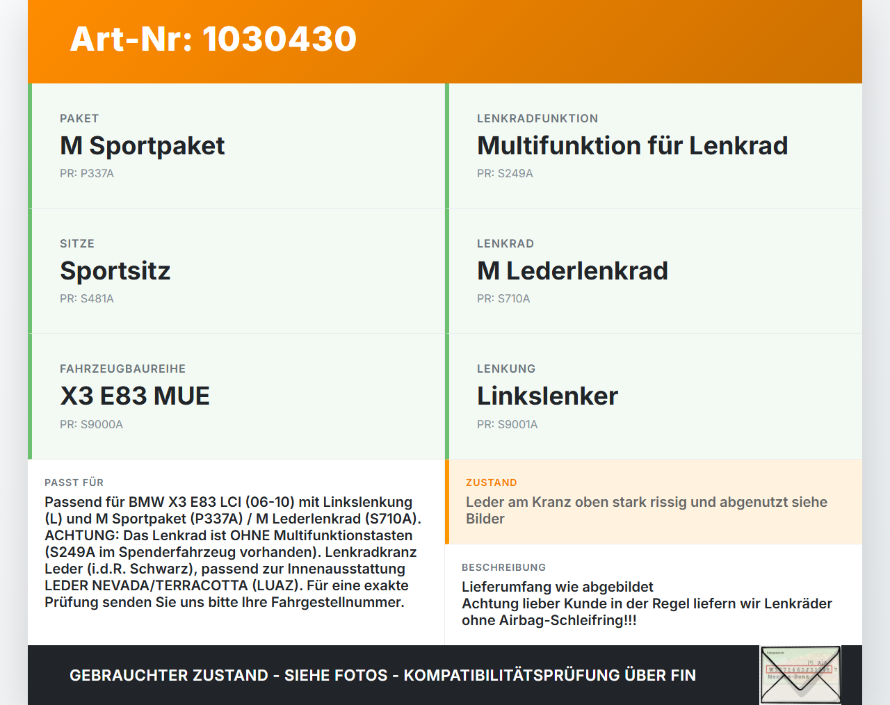 BMW X3 E83 LCI 06-10 Lenkrad Airbaglenkrad Leder ohne Multifunktionstasten BMW X3 E83 LCI 06-10 09.07.2008... Vorschau 3