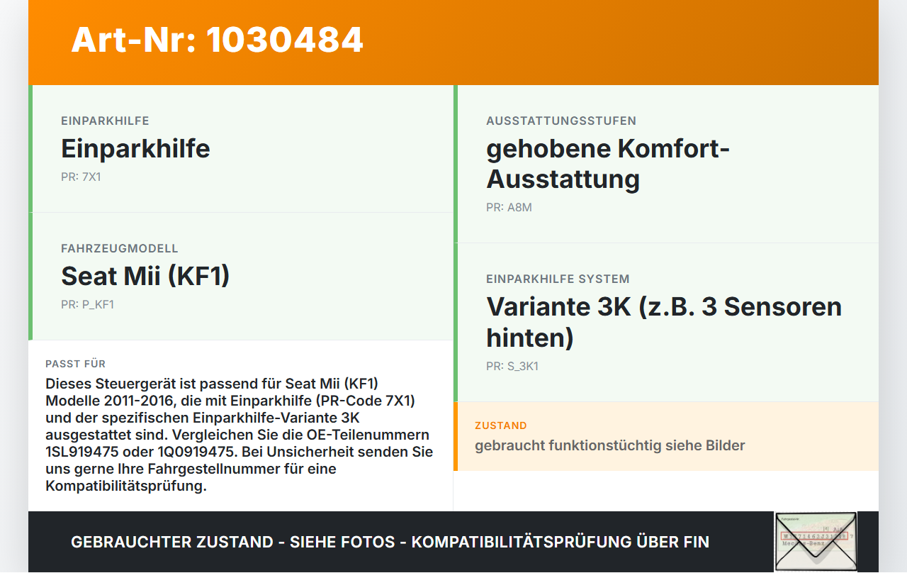 Seat Mii KF1 11-16 Steuergerät ECU Modul SG Einparkhilfe 3K Seat Mii KF1 11-16 30.03.2016 1SL919475 1Q0919475 gebraucht Vorschau 3