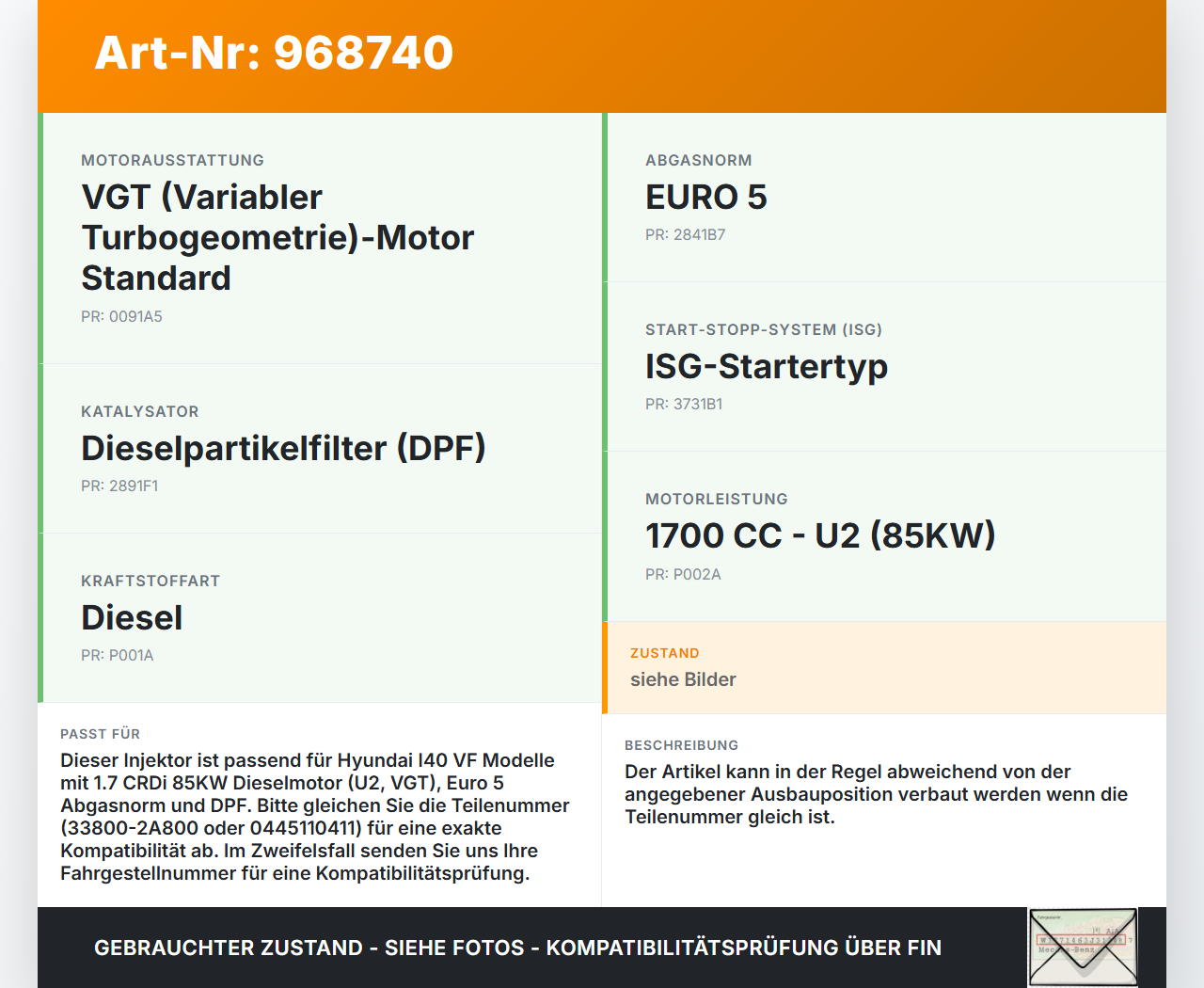 Hyundai I40 VF 12-19 CRDi 1,7 85KW Injektor Einspritzdüse Zyl.3 Hyundai I40 VF 12-19 19.03.2015 338002A800... Vorschau 3