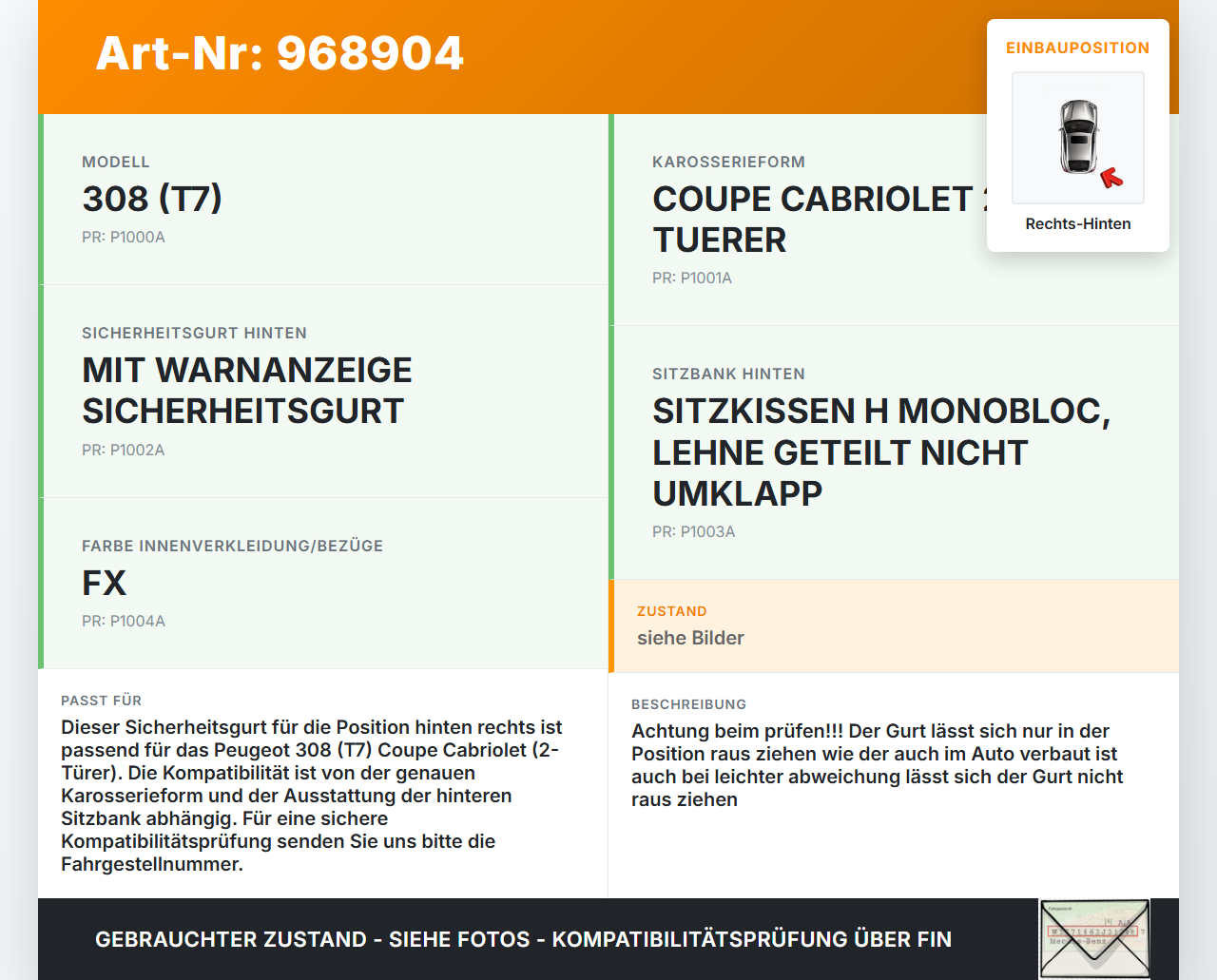 Peugeot 308 I CC T7 07-11 Cabriolet Gurt Sicherheitsgurt Rechts Hinten Peugeot 308 I CC T7 07-11 23.04.2009... Vorschau 3