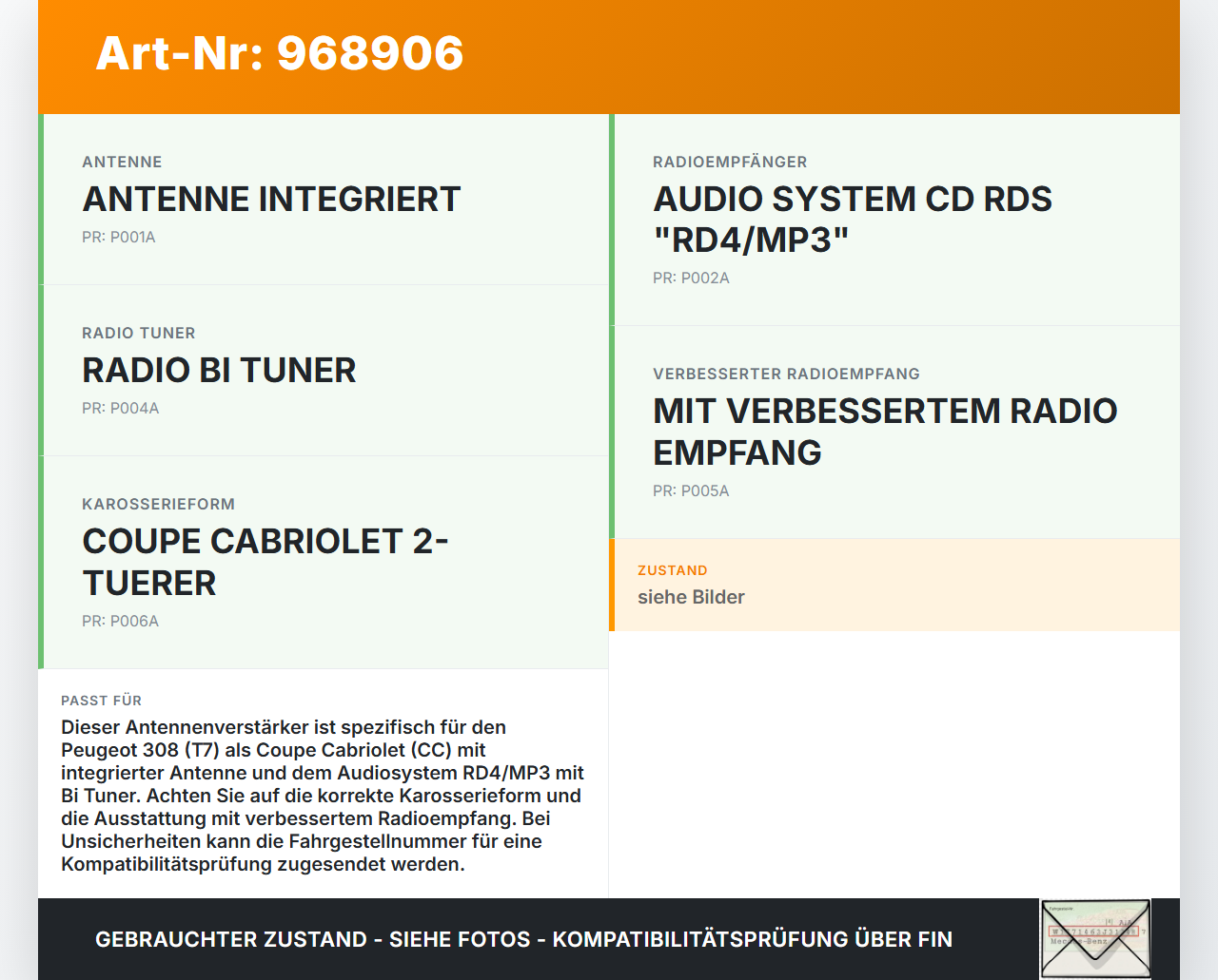 Peugeot 308 I CC T7 07-11 Antennenverstärker Weiche Antenne Peugeot 308 I CC T7 07-11 23.04.2009 0999929996... Vorschau 3