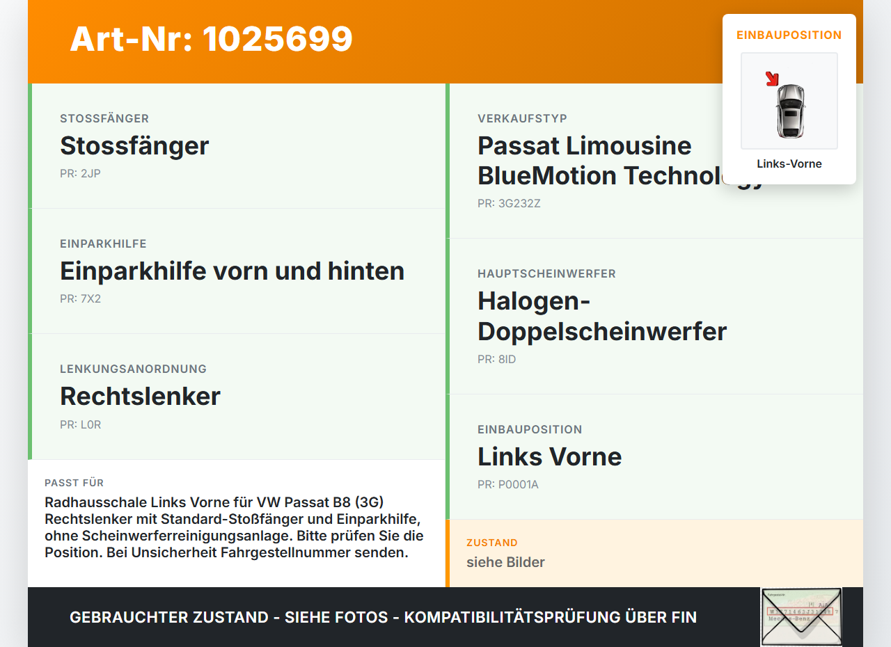 VW Passat B8 3G 14-19 Verkleidung Radhausschale Links Vorne für Kotflügel VW Passat B8 3G 14-19 20.07.2015... Vorschau 3