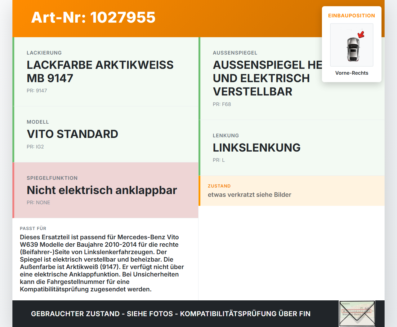 Mercedes Vito W639 10-14 Spiegel Aussenspiegel Vorne Rechts Elektrisch 9147 Mercedes Vito W639 10-14 26.06.2013... Vorschau 3