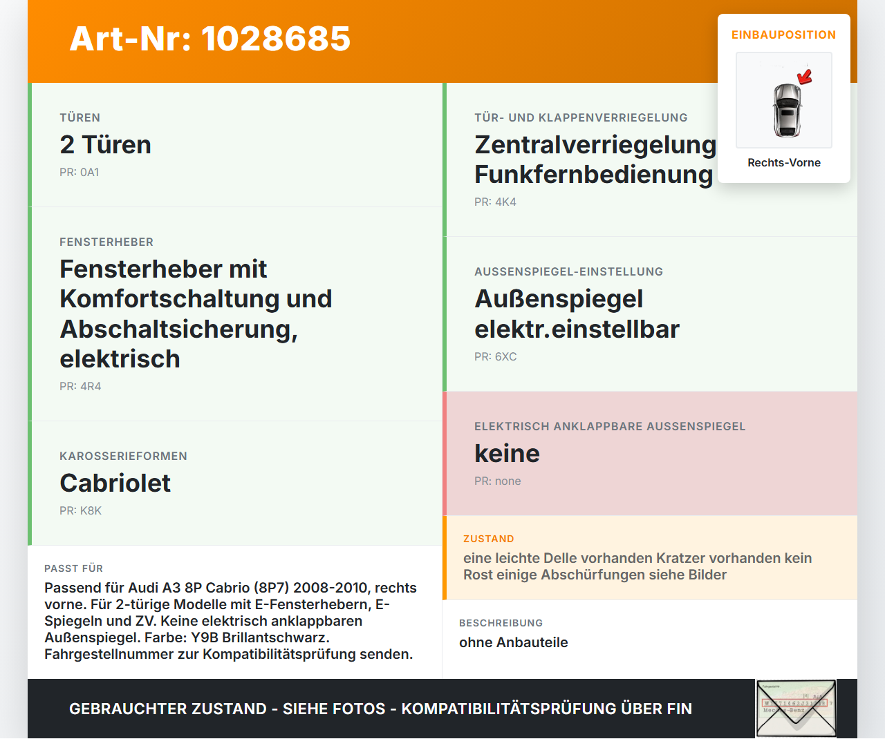 Audi A3 8P 08-10 Cabrio Tür Beifahrertür Rechts Vorne LY9B Audi A3 8P 08-10 27.04.2009 8P7831052 gebraucht Vorschau 3