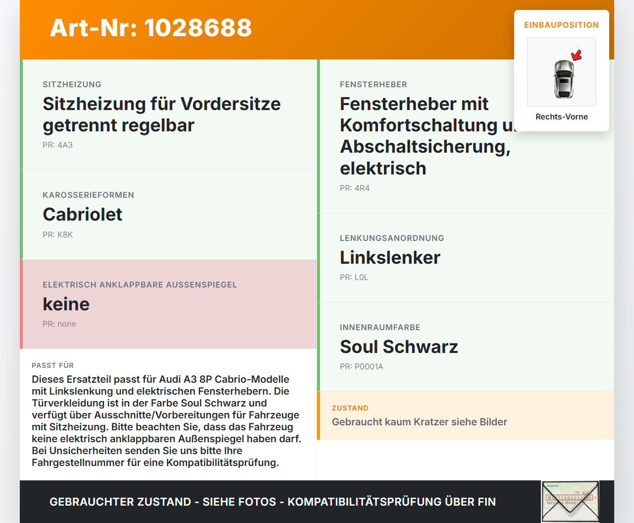 Audi A3 8P 08-10 Cabrio Türverkleidung Türpappe Rechts Vorne Soul Schwarz Audi A3 8P 08-10 27.04.2009 8P7867104... Vorschau 3