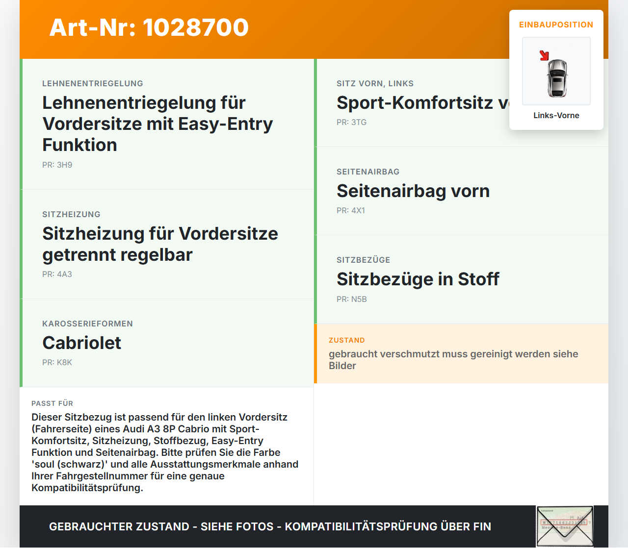 Audi A3 8P 08-10 Cabrio Sitzbezug Rückenpolster Links Vorne für Fahrer Sitz Audi A3 8P 08-10 27.04.2009 8P7881513... Vorschau 3