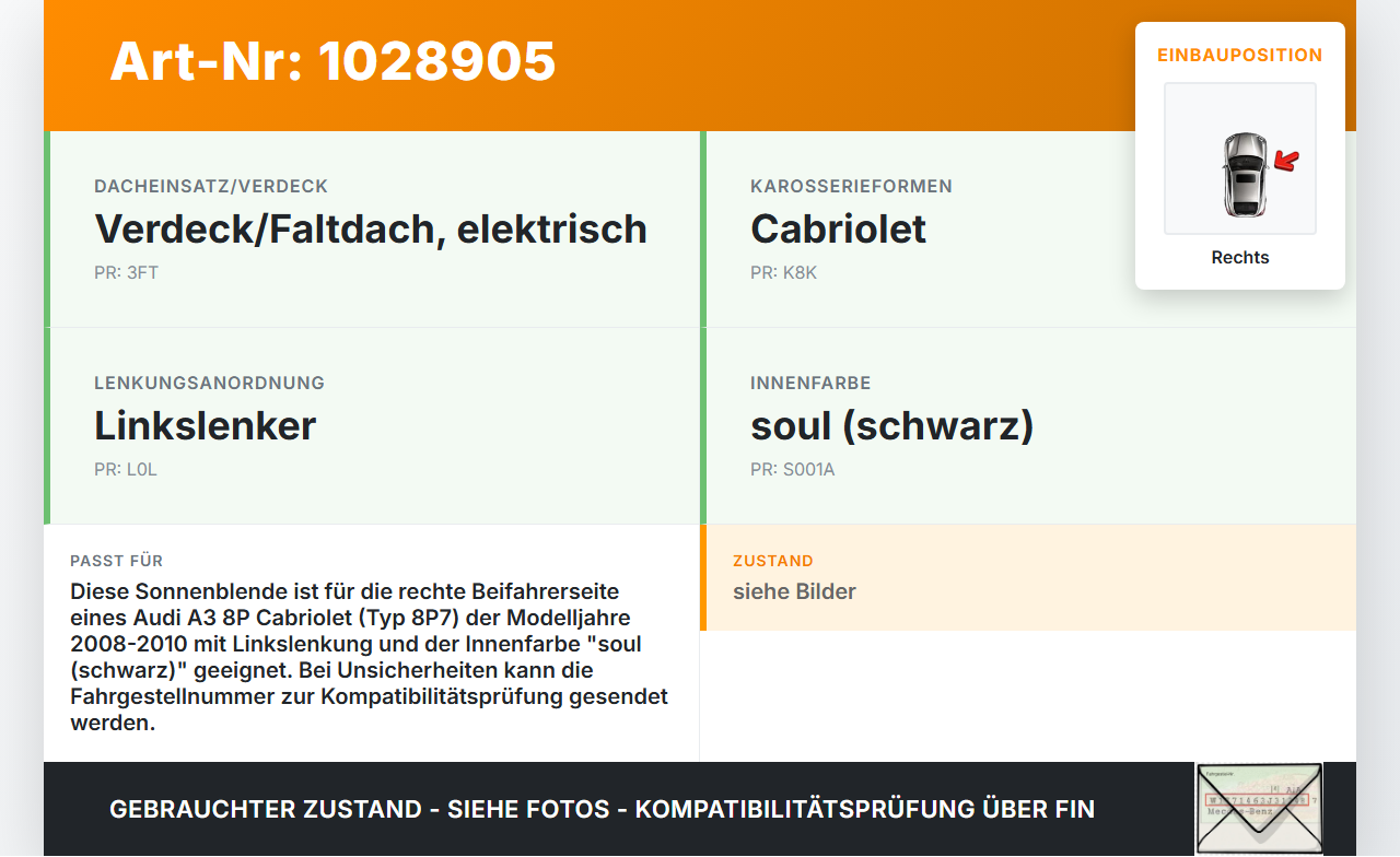 Audi A3 8P 08-10 Sonnenblende Rechts Beifahrerseite Audi A3 8P 08-10 27.04.2009 8P7857552 8P785755224A gebraucht Vorschau 3