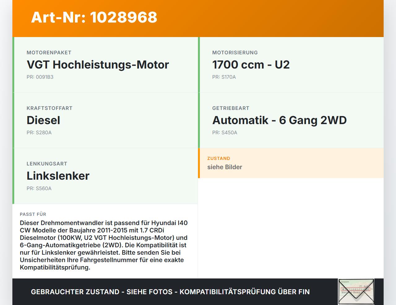 Hyundai I40 CW 11-15 CRDi 1,7 100KW Autom Wandler Drehmomentwandler für Getriebe Hyundai I40 CW 11-15 11.12.2014... Vorschau 3