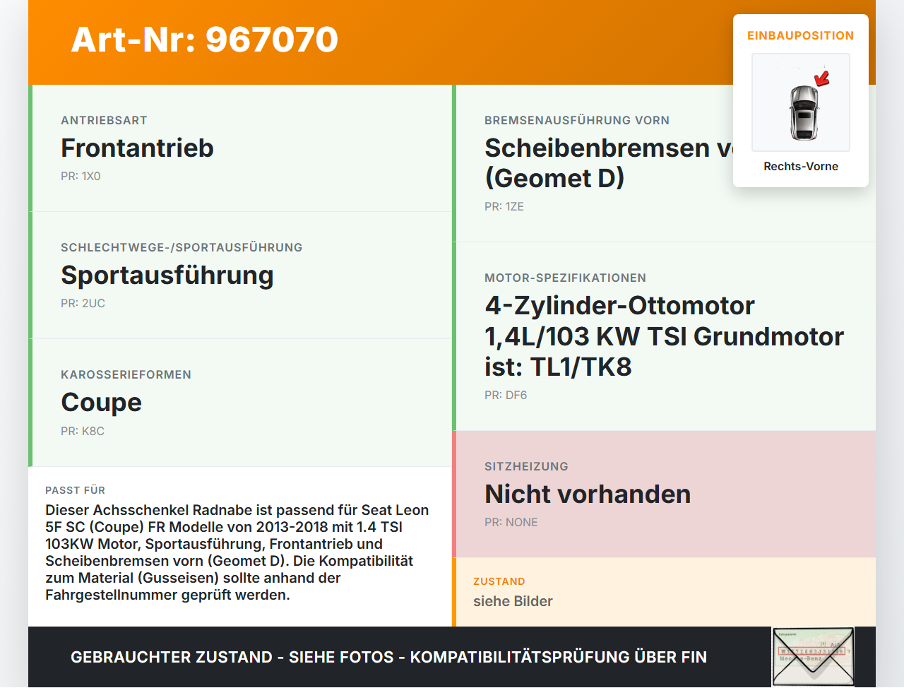 Seat Leon 5F SC FR 13-18 TSI 1,4 103KW Achsschenkel Radnabe Rechts Vorne Seat Leon 5F SC FR 13-18 19.02.2014... Vorschau 3