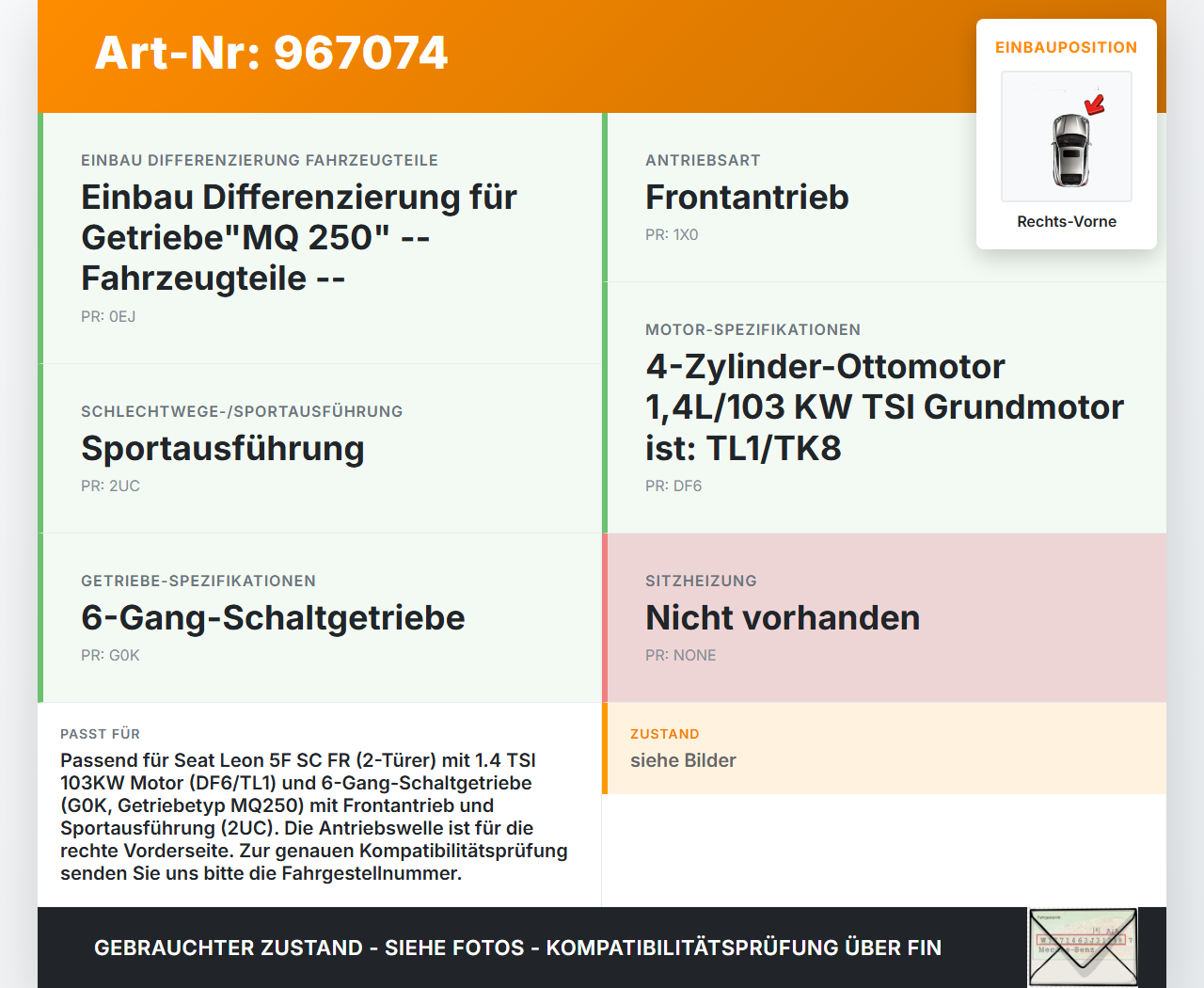 Seat Leon 5F SC FR 13-18 TSI 1,4 103KW Antriebswelle Gelenkwelle Rechts Vorne Seat Leon 5F SC FR 13-18 19.02.2014... Vorschau 3