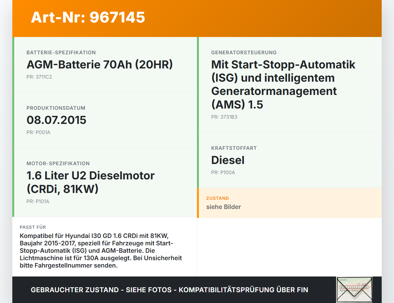 Hyundai I30 GD 15-17 CRDi 1,6 81KW Lichtmaschine Generator 130A Hyundai I30 GD 15-17 08.07.2015 373002A700... Vorschau 3