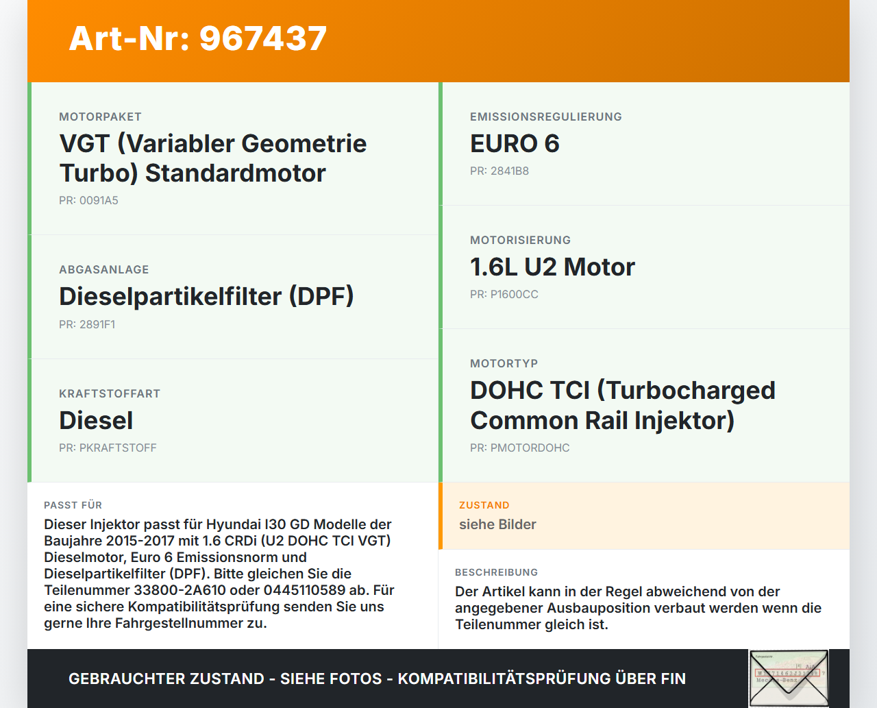 Hyundai I30 GD 15-17 CRDi 1,6 81KW Injektor Einspritzdüse Zyl.3 Hyundai I30 GD 15-17 08.07.2015 338002A610... Vorschau 3