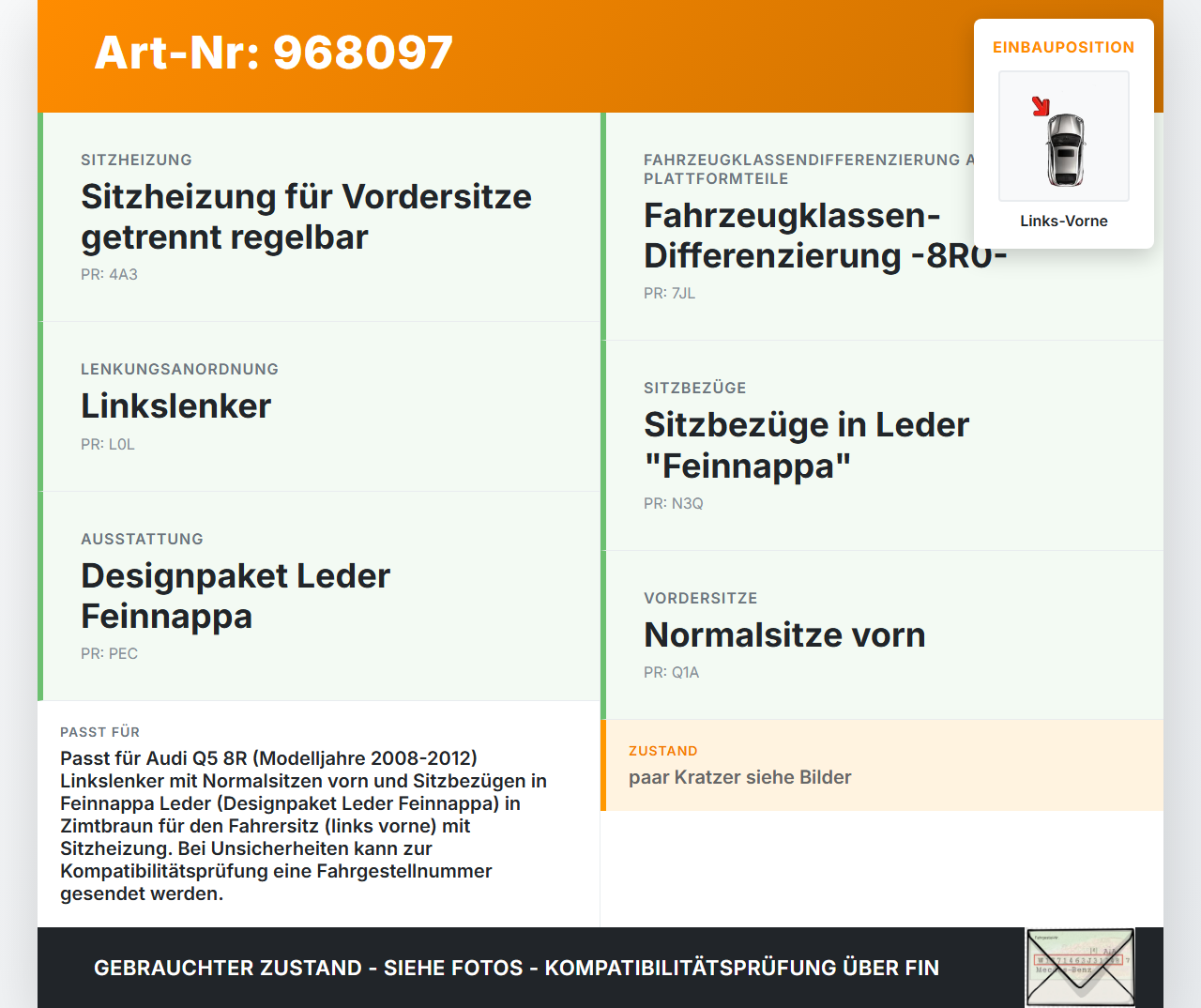 Audi Q5 8R 08-12 Sitzbezug Rückenpolster Links Vorne für Fahrer Sitz Zimtbraun Leder Audi Q5 8R 08-12 23.11.2009... Vorschau 3