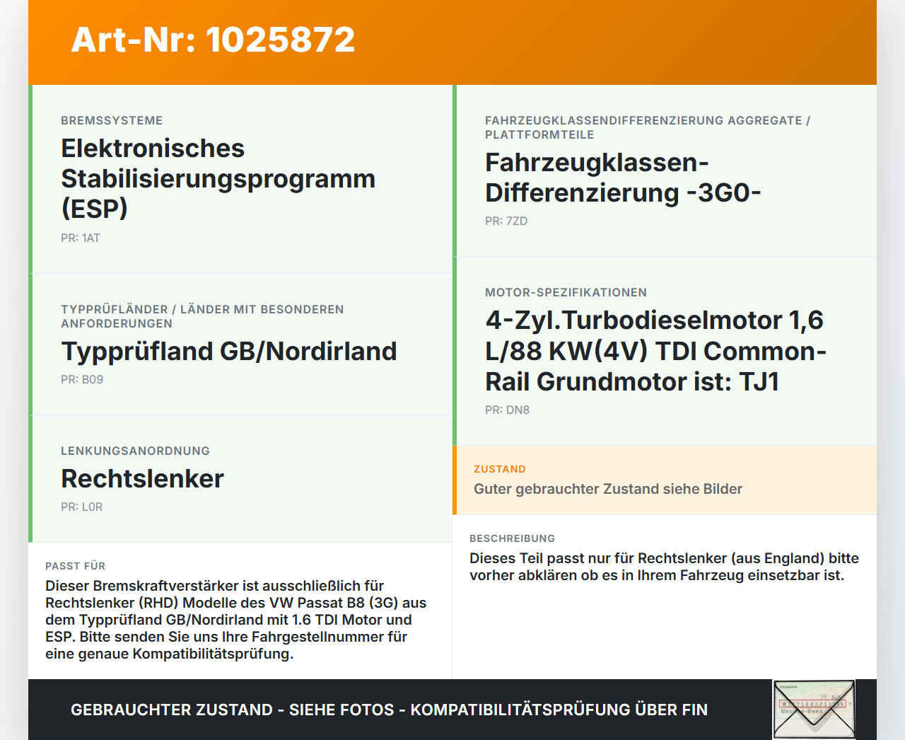 VW Passat B8 3G 14-19 TDI 1,6 88KW RHD Bremskraftverstärker VW Passat B8 3G 14-19 20.07.2015 8V2612107C gebraucht Vorschau 3