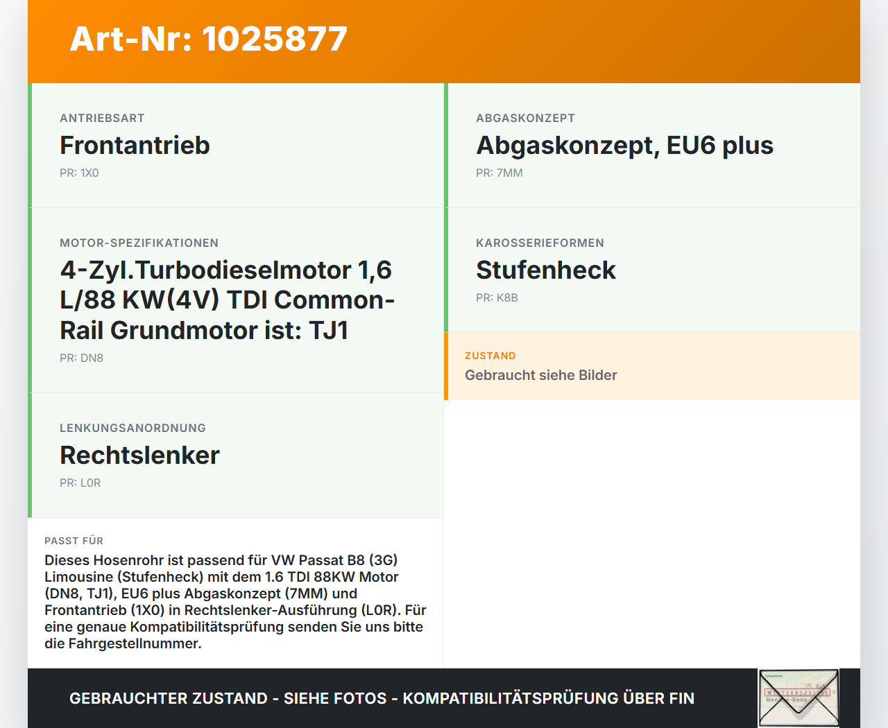 VW Passat B8 3G 14-19 TDI 1,6 88KW Hosenrohr Vorderrohr Abgasrohr Flexrohr VW Passat B8 3G 14-19 20.07.2015... Vorschau 3