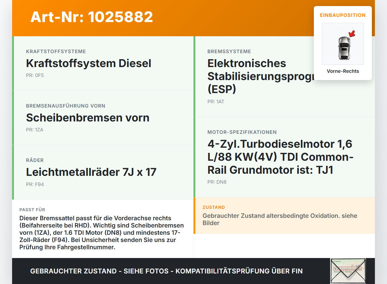 VW Passat B8 3G 14-19 TDI 1,6 88KW Bremssattel Bremszange Vorne Rechts VW Passat B8 3G 14-19 20.07.2015 gebraucht Vorschau 3