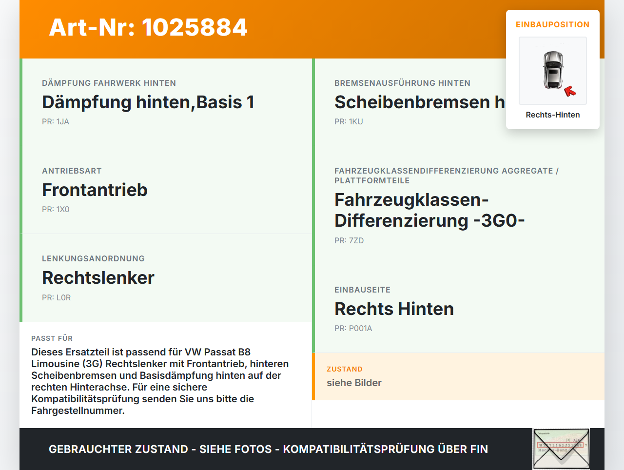 VW Passat B8 3G 14-19 Lim TDI 1,6 88KW Achsschenkel Radnabe Rechts Hinten VW Passat B8 3G 14-19 20.07.2015 gebraucht Vorschau 3