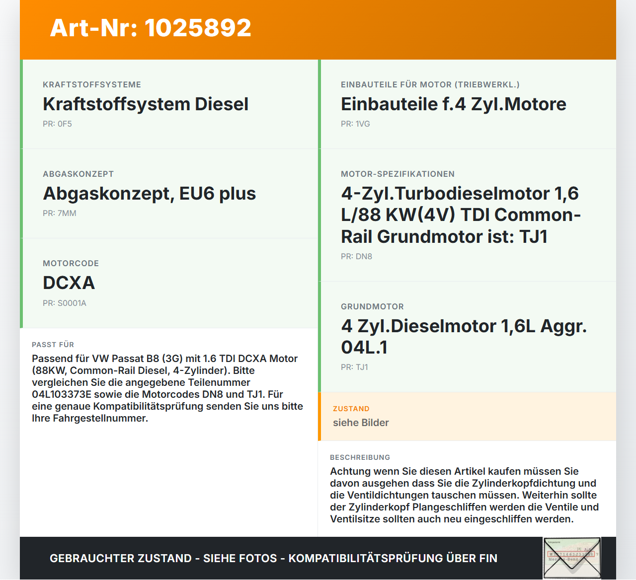 VW Passat B8 3G 14-19 TDI 1,6 88KW DCXA Zylinderkopf VW Passat B8 3G 14-19 20.07.2015 04L103373E gebraucht Vorschau 3