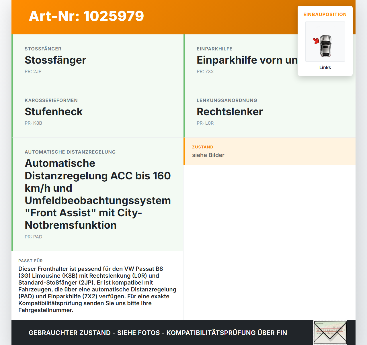 VW Passat B8 3G 14-19 Fronthalter Träger Verbinder Links VW Passat B8 3G 14-19 20.07.2015 3G0807177 gebraucht Vorschau 3