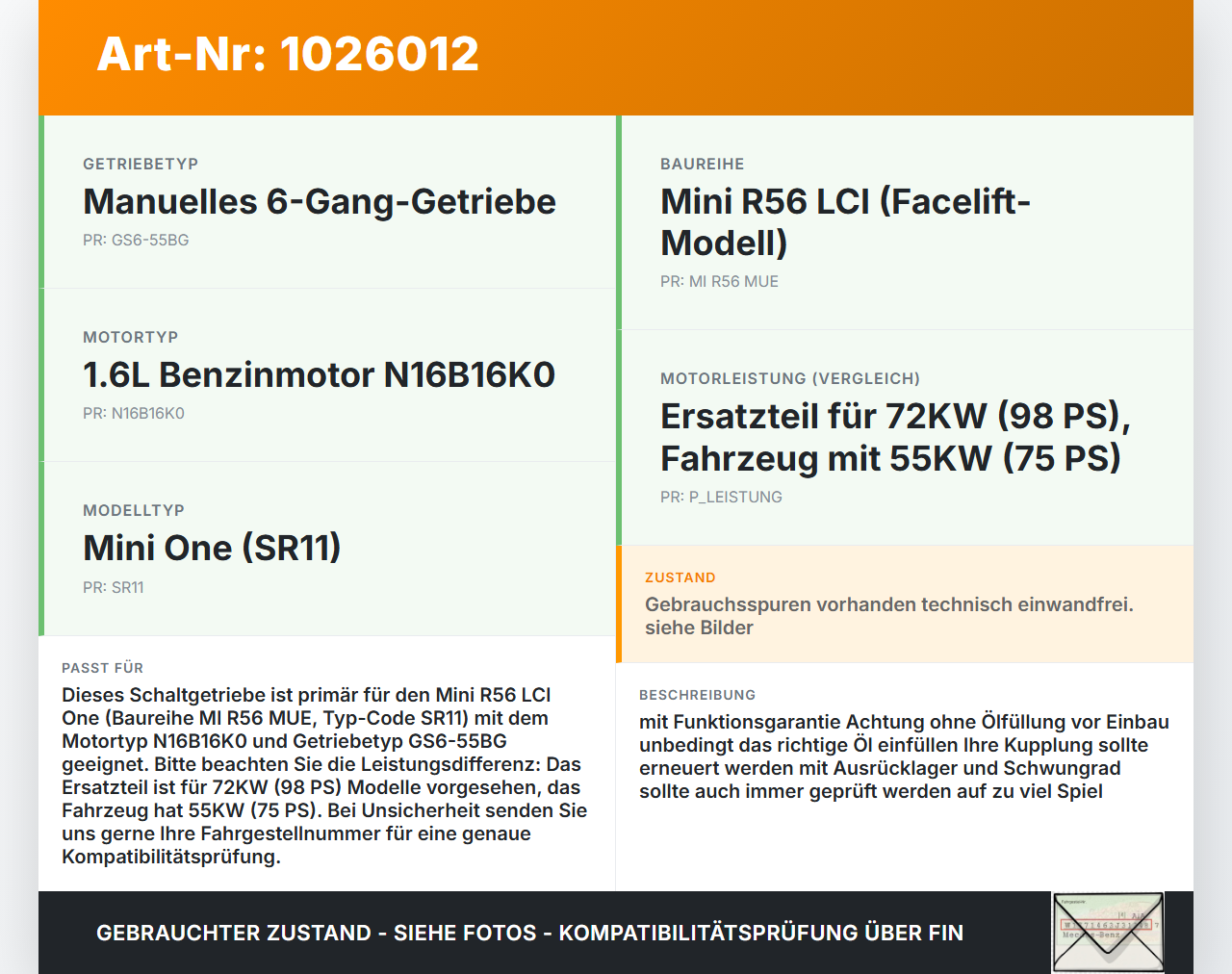 Mini One R56 LCI 13-16 1,6 72KW GS6-55BG Schaltgetriebe Getriebe Mini One R56 LCI 13-16 24.09.2012 7595840... Vorschau 3