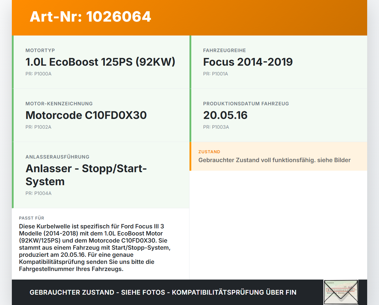 Ford Focus III 3 14-18 1,0 92KW C10FD0X30 Kurbelwelle Ford Focus III 3 14-18 30.09.2016 - gebraucht Vorschau 3