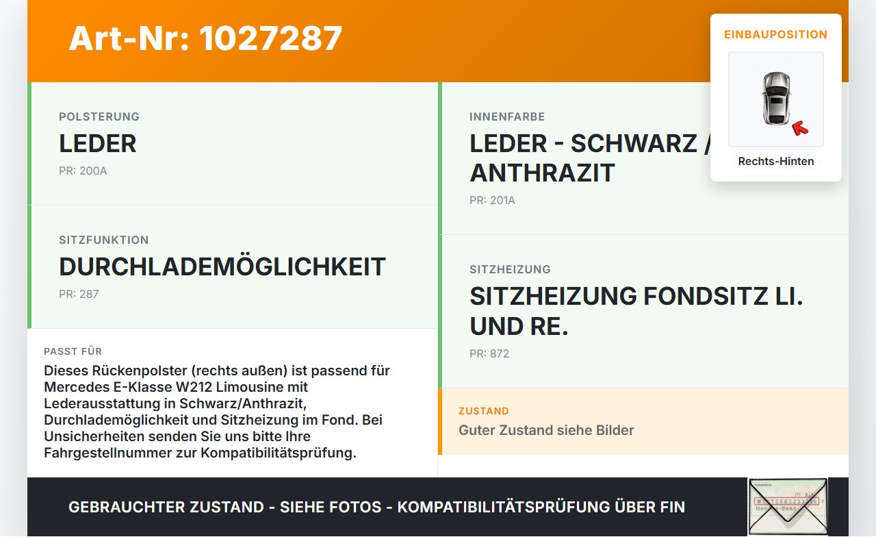 Mercedes E500 W212 09-13 Lim Leder Rückenpolster Rechts für Rücksitzbank Hinten Mercedes E500 W212 09-13 06.12.2011... Vorschau 3