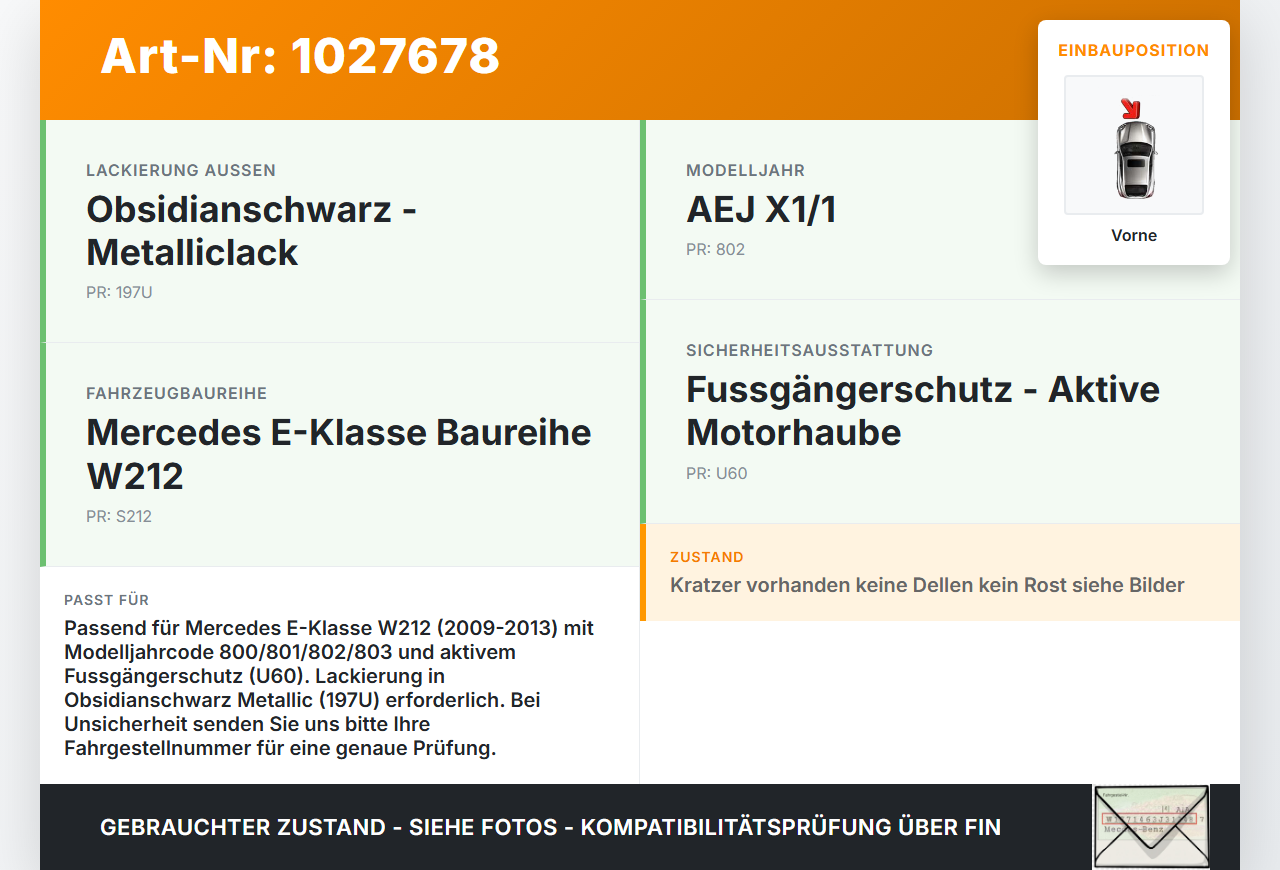 Mercedes E500 W212 09-13 Motorhaube Frontklappe Haube Vorne 197 Mercedes E500 W212 09-13 06.12.2011 A2128800157... Vorschau 3