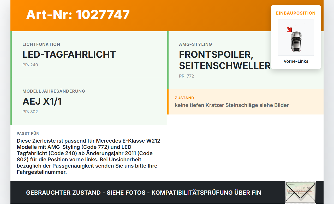 Mercedes E500 W212 09-13 Zierleiste Chrom Stoßstange Vorne Links Mercedes E500 W212 09-13 06.12.2011 A2128852174... Vorschau 3