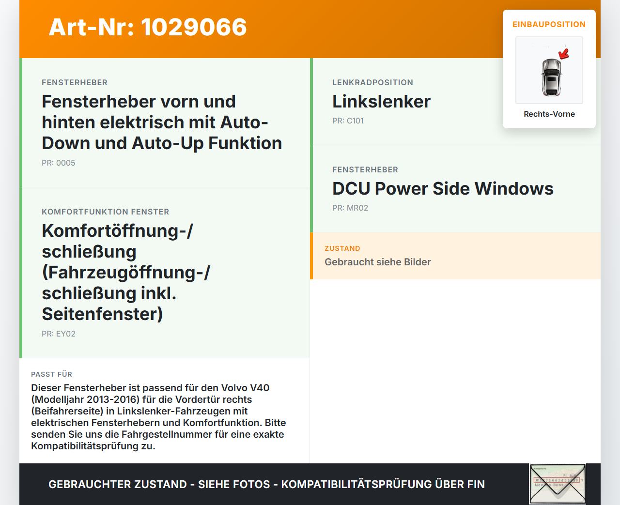 Volvo V40 525 12-16 Kombi Fensterheber o. FH-Motor Rechts Vorne Volvo V40 525 12-16 01.01.2013 31301556 2653016... Vorschau 3