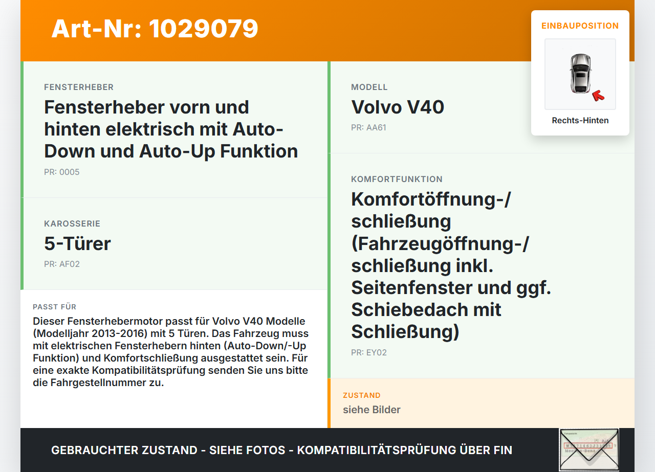 Volvo V40 525 12-16 Kombi Fensterhebermotor Rechts Hinten Volvo V40 525 12-16 01.01.2013 31378401 GB-558RA... Vorschau 3