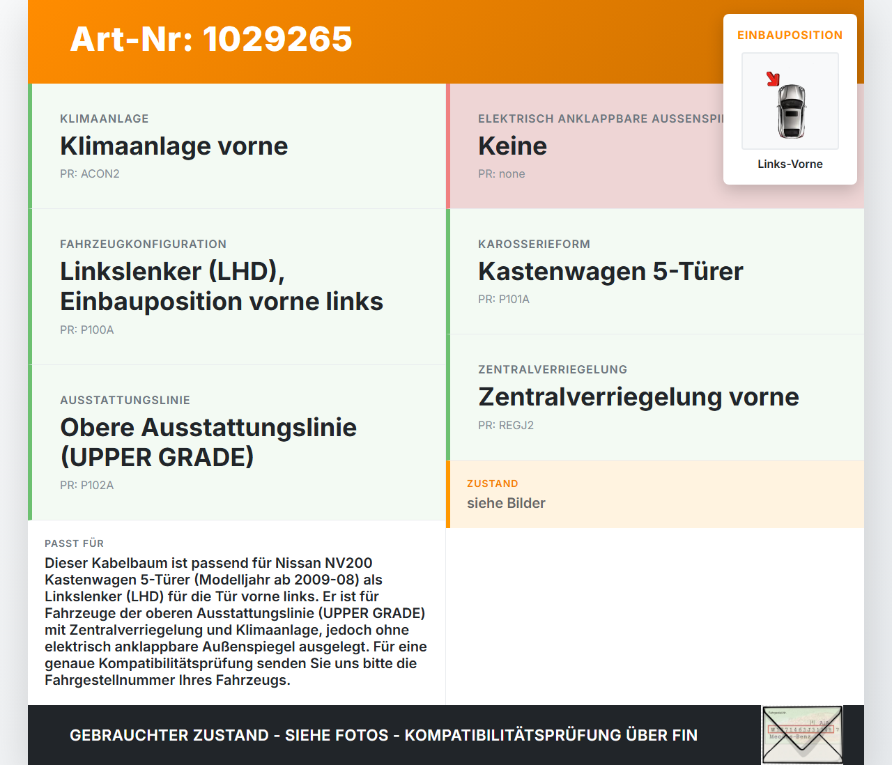Nissan NV200 09-21 Kasten Kabelbaum Tür und Fensterheber Links Vorne Nissan NV200 09-21 01.08.2010 24125JX51A... Vorschau 3
