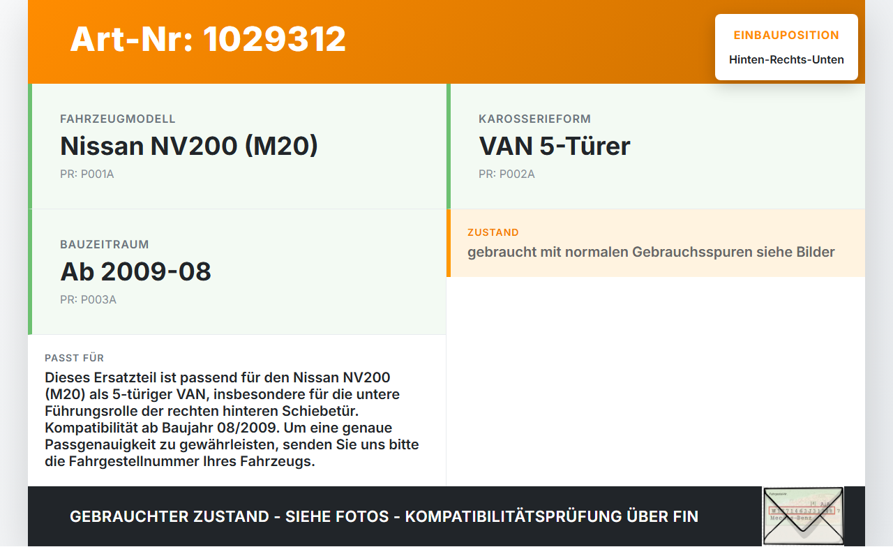 Nissan NV200 09-21 Kasten Führungsrolle Schiebetür Hinten Rechts Unten Nissan NV200 09-21 01.08.2010 82420JX00B... Vorschau 3