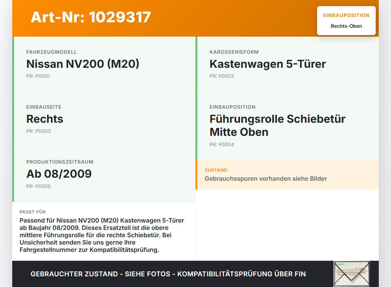 Nissan NV200 09-21 Kasten Führungsrolle Schiebetür Rechts Mitte Scharnier Oben Nissan NV200 09-21 01.08.2010... Vorschau 3