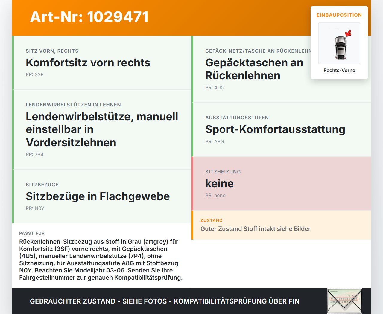 VW Touran 1T 03-06 Rückenlehne Sitzbezug Stoff Grau Rechts Vorne VW Touran 1T 03-06 16.04.2009 1T0883805AG gebraucht Vorschau 3