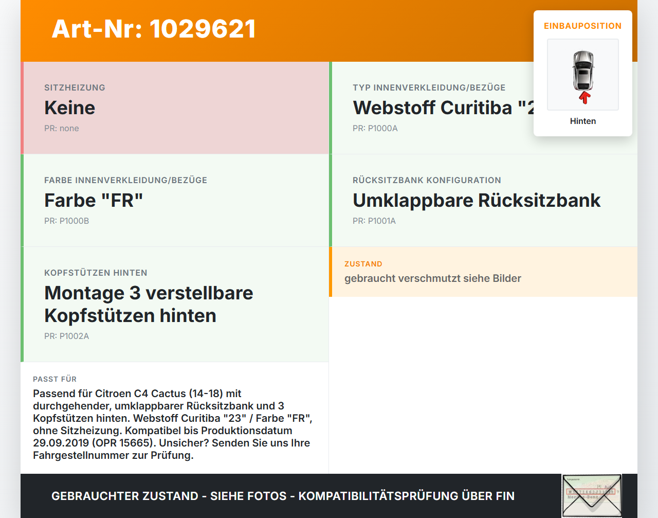 Citroen C4 Cactus 14-18 Sitzbezug Rückenpolster durchgehend für Rücksitzbank Hinten Citroen C4 Cactus 14-18... Vorschau 3