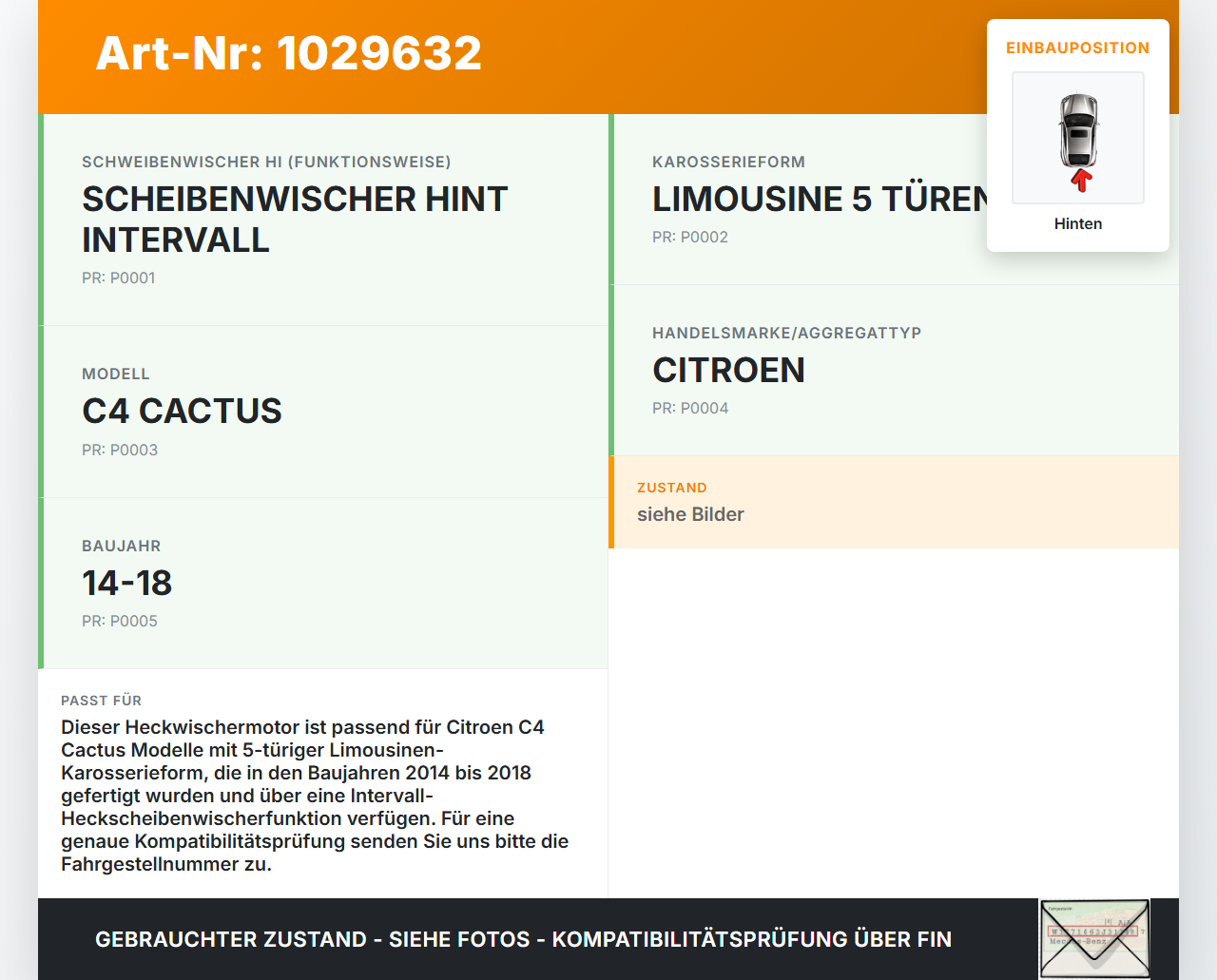 Citroen C4 Cactus 14-18 Wischermotor Hinten Heckwischermotor Citroen C4 Cactus 14-18 01.01.2015 9801666380 gebraucht Vorschau 3