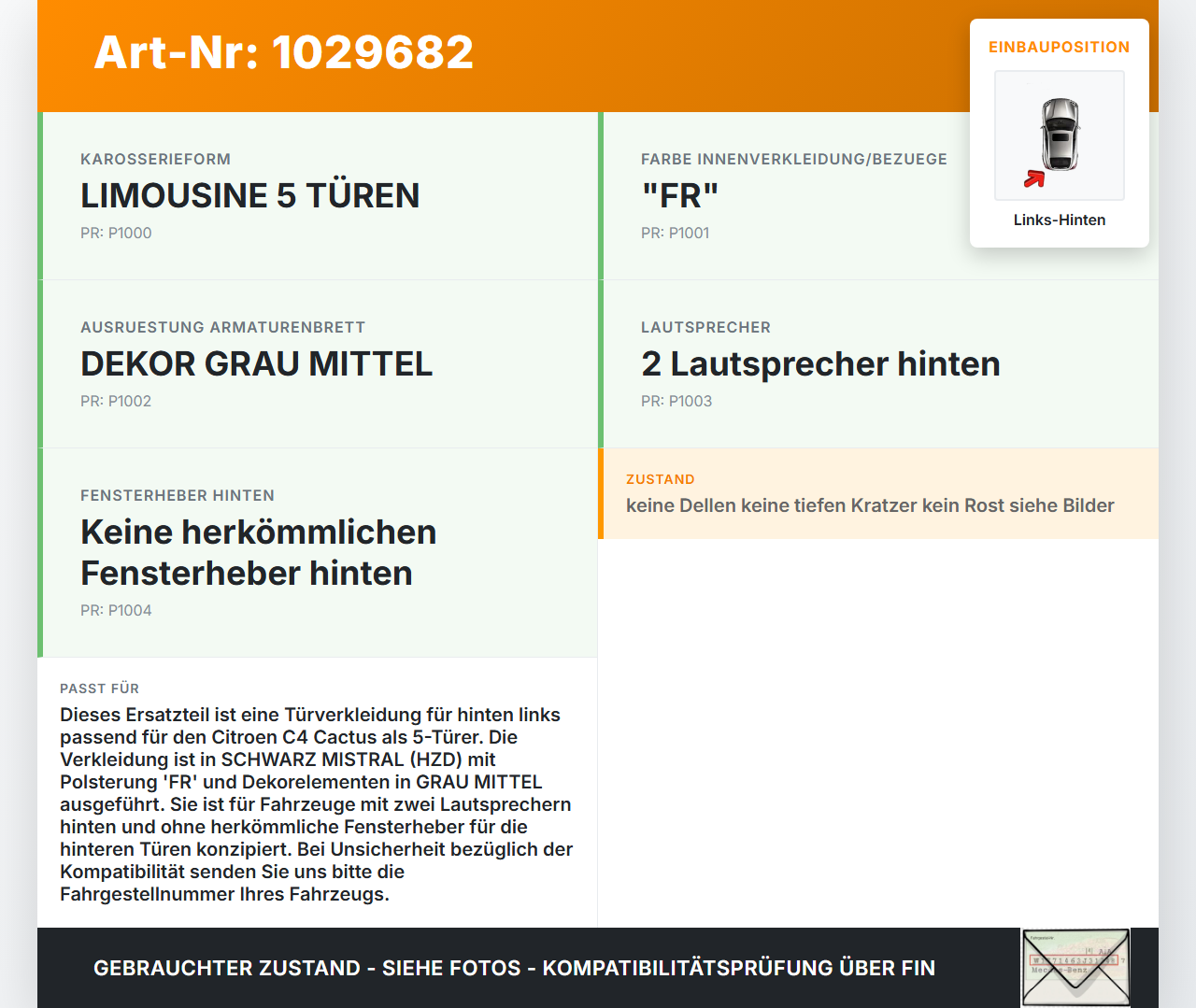 Citroen C4 Cactus 14-18 Türverkleidung Türpappe Links Hinten Citroen C4 Cactus 14-18 01.01.2015 98011898ZD gebraucht Vorschau 3